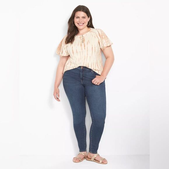 Lane Bryant - Relaxed Eyelet Flutter-Sleeve Henley Knit Top - Tie-Dye - Picture 1 of 5